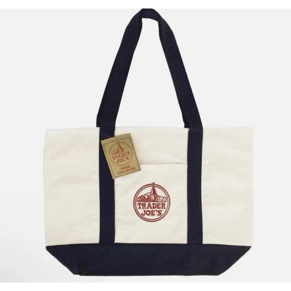Trader Joes Large Canvas Tote Shopping Bag Navy Blue Reusable Cotton Boat Bag